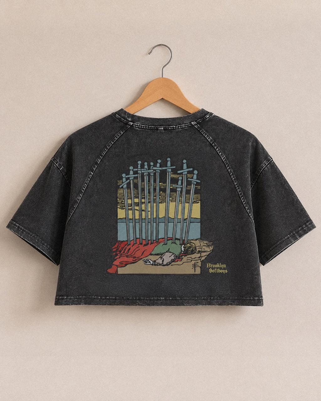 Brooklyn SoftBoys 10-of-Swords cropped raglan tee, back view