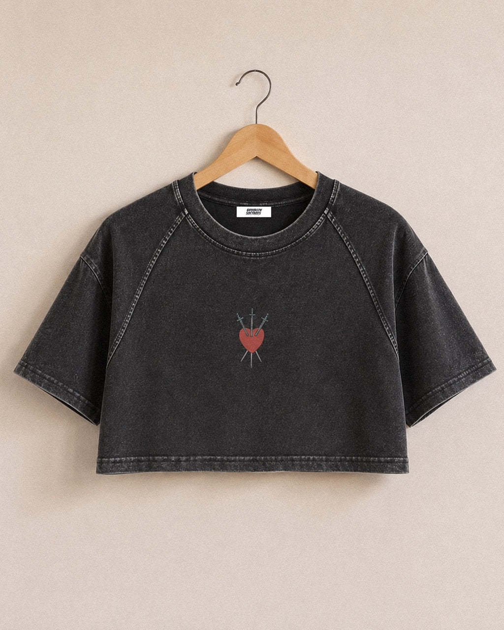 Brooklyn SoftBoys 10-of-Swords cropped raglan tee, front view