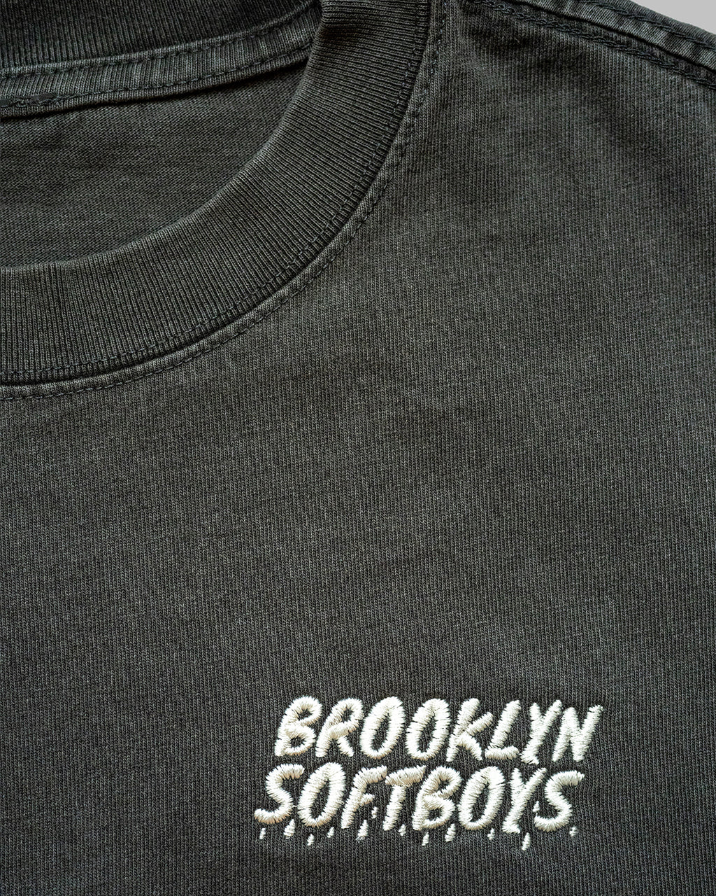 Brooklyn SoftBoys Faded Black Embroidered tee, quarter-angle view