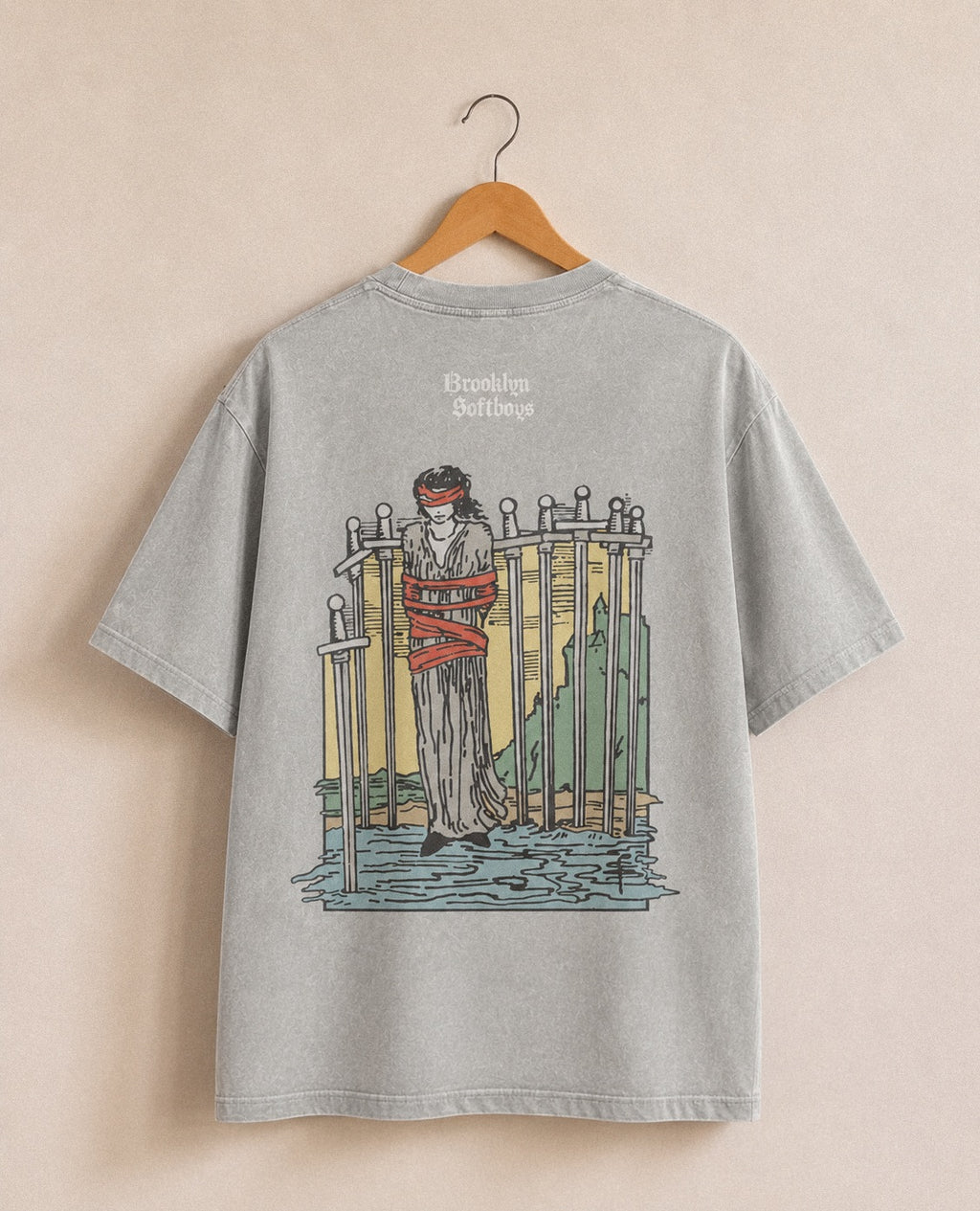 Brooklyn SoftBoys 8-of-Swords acid wash tee, back view with tarot illustration