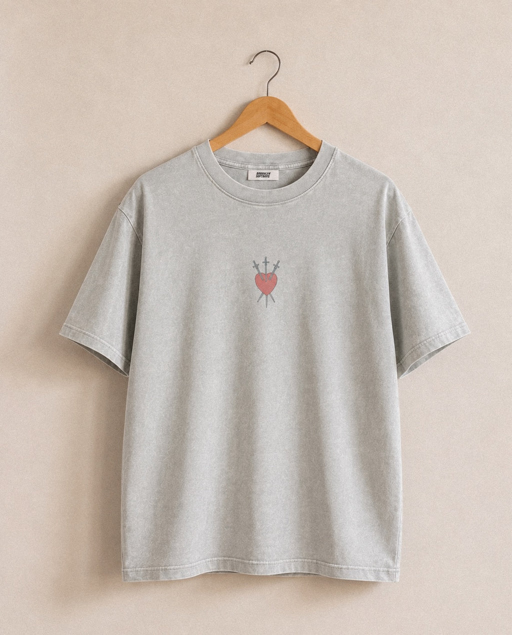 Brooklyn SoftBoys 8-of-Swords acid wash tee, front view with three-swords heart graphic